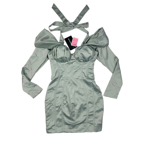 Pretty Little Thing - Constructed Satin Draped Bardot Bodycon Dress in Sage - Picture 1 of 5